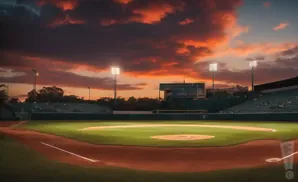 A baseball field at sunset, with dramatic orange and purple clouds and stadium lights.