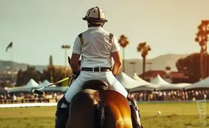 A polo player in a white uniform and helmet sits on a brown horse, holding a mallet, with a blurred crowd and tents in the background.