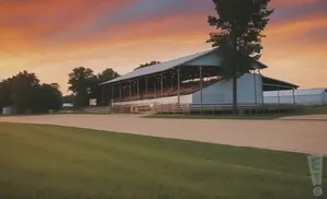 A grandstand at sunset with an orange sky and green grass.