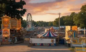 Carnival rides and tents under a sunset sky.