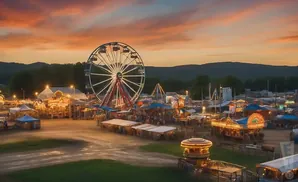 Ferris wheel and amusement rides at a lively carnival at sunset.