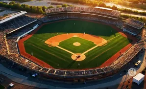 Aerial view of a baseball stadium during a game, with players on the field and spectators in the stands.