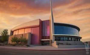 Modern, curved building with pink and blue glass panels against a dramatic sunset sky.