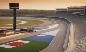 A race track with grandstands under a warm orange sky.