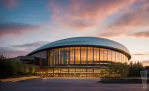 Modern domed arena with glass facade reflecting sunset sky.