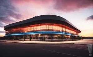 Modern building with curved glass exterior illuminated by orange and blue lights at sunset.