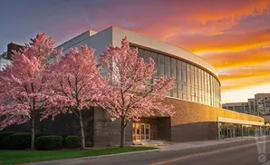 A modern building with a curved glass facade, framed by blooming pink cherry trees at sunset.