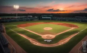 An aerial view of a baseball field at sunset, with players on the field and stadium lights on.