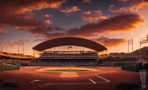 A baseball stadium at sunset with dramatic orange clouds and mountains in the background.