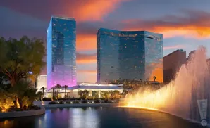 A fountain erupts in front of mirrored skyscrapers at sunset.