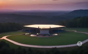 Outdoor amphitheater with a large screen at sunset.