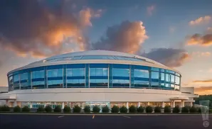 Modern circular building with blue-tinted glass windows, set against a dramatic sunset sky.