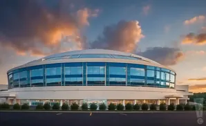 A modern, oval-shaped building with a blue-tinted glass facade under a dramatic sunset sky.