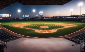 Baseball stadium at dusk with bright lights illuminating the field.