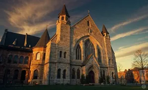 A stone church with pointed spires stands against a dramatic sunset sky with wispy clouds.