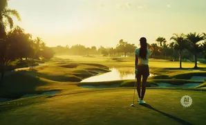 Golfer on a course at sunrise.