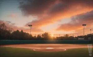 A baseball field at sunset with a vibrant orange and pink sky.