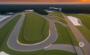 Aerial view of a race track and surrounding buildings at sunset.