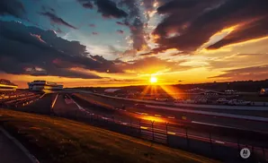 Sunset over a race track with dramatic clouds and stadium seating.