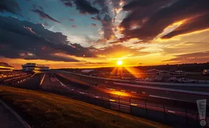 Race track at sunset with dramatic clouds and sunbeams.