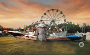 A surreal amusement park with a Ferris wheel, alien-like rides, and a mosaic-tiled booth under a dramatic sunset.