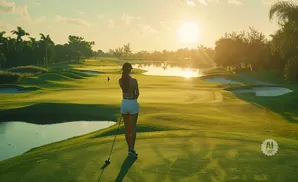 Golfer on a tee box at sunset, with rolling green fairways and a lake.
