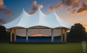 An outdoor amphitheater with a white tent roof and blue seats at sunset.