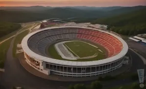 Aerial view of a large, oval stadium surrounded by lush green hills at sunset.