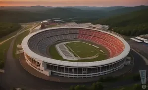 Aerial view of a large stadium nestled in a valley with surrounding hills.