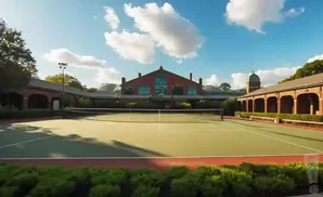 A tennis court with a brick building and a dome behind it, under a bright blue sky with clouds.
