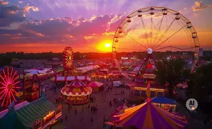 Ferris wheels and carnival rides at a fair during a colorful sunset.