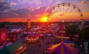 An aerial view of a carnival at sunset, with Ferris wheels, rides, and tents illuminated against a vibrant purple and orange sky.