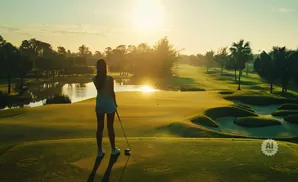 Golfer at sunset on a lush course, with water hazards and sand traps visible.