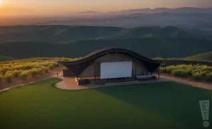 Outdoor amphitheater with a large screen and seating area, set against rolling hills and mountains at sunset.