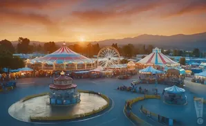 Aerial view of a carnival at sunset, with rides like a carousel and Ferris wheel lit up.