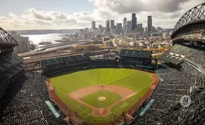 Aerial view of a packed baseball stadium with a city skyline in the background.