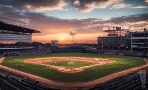 Baseball stadium at sunset with players on the field.
