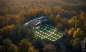 Aerial view of an outdoor amphitheater surrounded by autumn foliage.