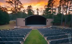 Outdoor amphitheater with rows of empty seats facing a stage, surrounded by pine trees under a colorful sunset sky.