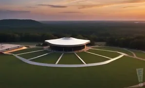 An aerial view of a modern amphitheater with a large, white, mushroom-shaped roof, surrounded by green lawn and trees at sunset.