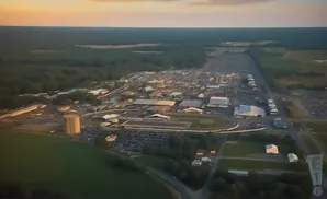 Aerial view of a fairground with buildings, a racetrack, and parking lots under a sunset sky.