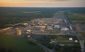 Aerial view of a large outdoor event venue with buildings, a race track, and extensive parking lots under a sunset sky.