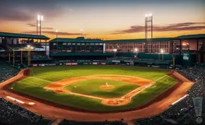 A baseball field at sunset, with stadium lights on and a game in progress.