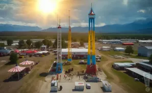 An aerial view of an amusement park with tall drop towers, tents, and mountains in the background under a sunny sky.