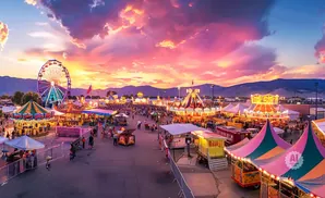 Carnival rides and tents at a fair under a vibrant sunset sky with mountains in the background.