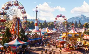 A lively amusement park with Ferris wheels, a carousel, and many people enjoying the attractions under a blue sky.