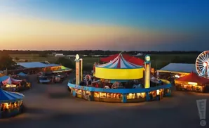 An amusement park with rides and attractions at dusk.
