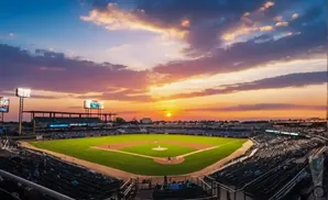 A baseball stadium at sunset with a colorful sky.