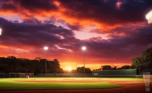 Baseball field at sunset with vibrant orange and purple clouds, lit by stadium lights.
