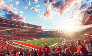 A football stadium at sunset, with red-clad fans in the stands and players on the field.